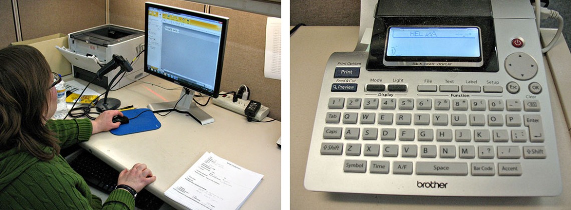 Typing the call number and title into the computer program (left); printing directly to the label maker (right).